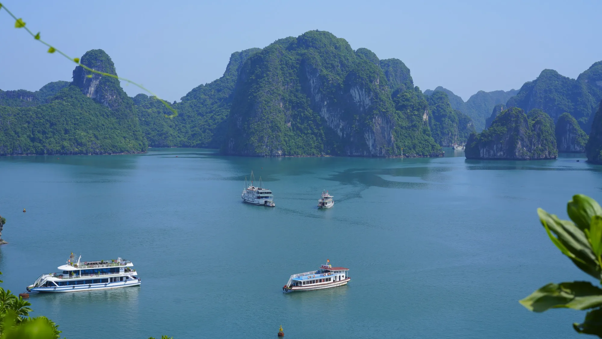 Ha Long Bay islands and boats shot from the top of an island
