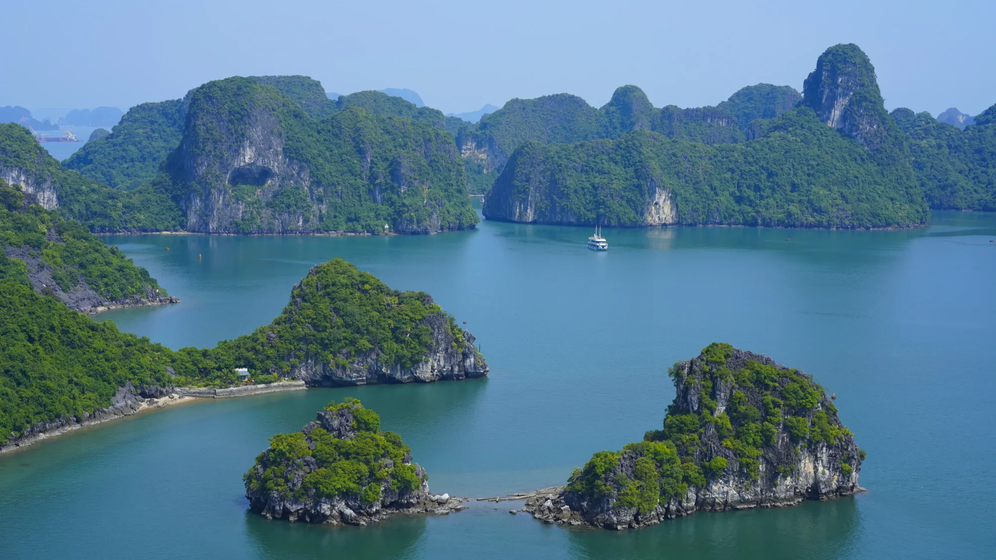 Looking down over several islands in Ha Long Bay