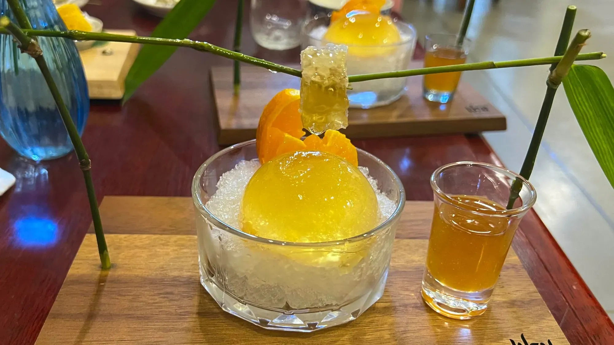 Close up image of gelatinous dessert with honey comb