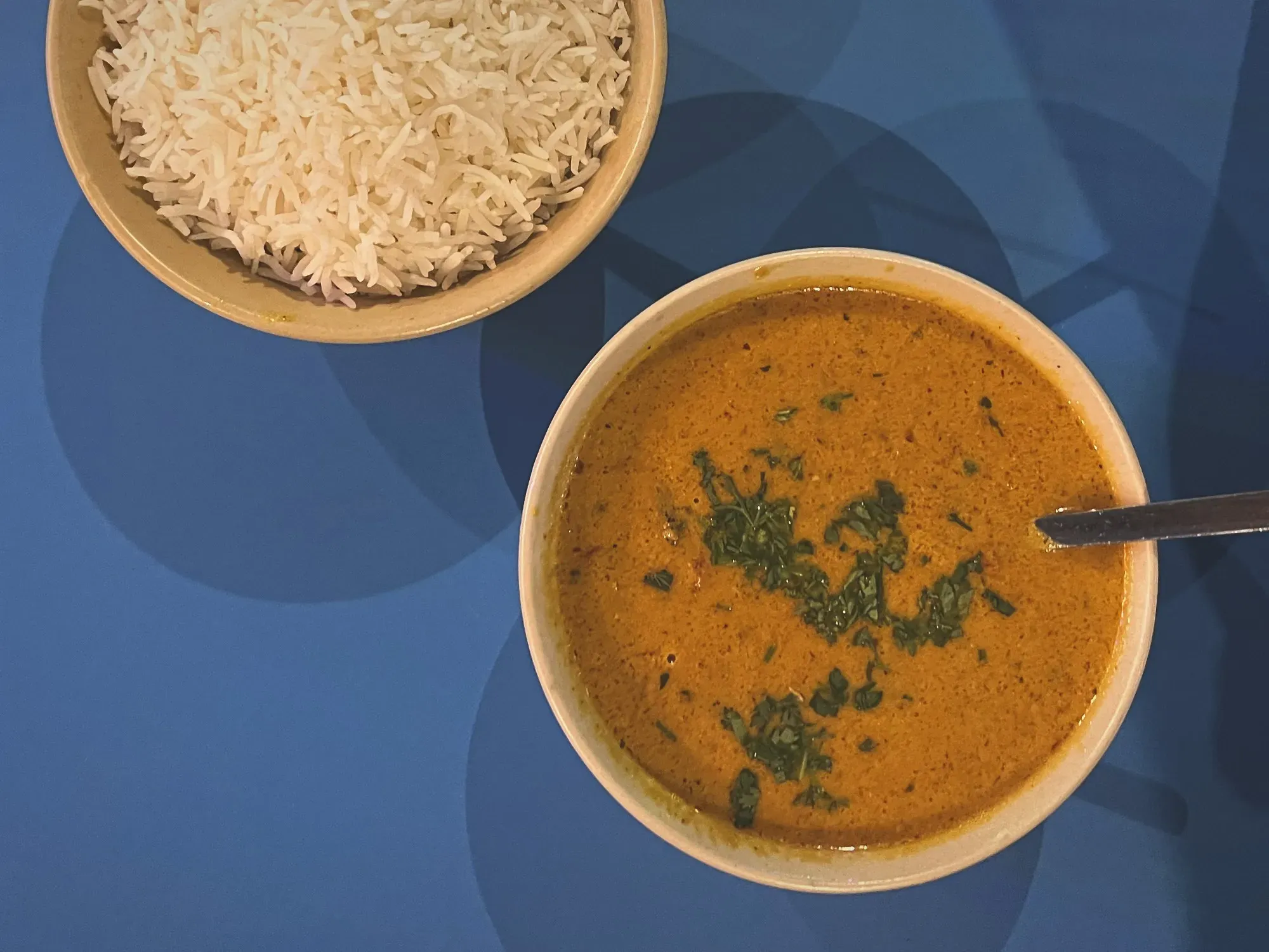 Bowl of Goan Fish Curry next to a side bowl of rice, overhead shot.