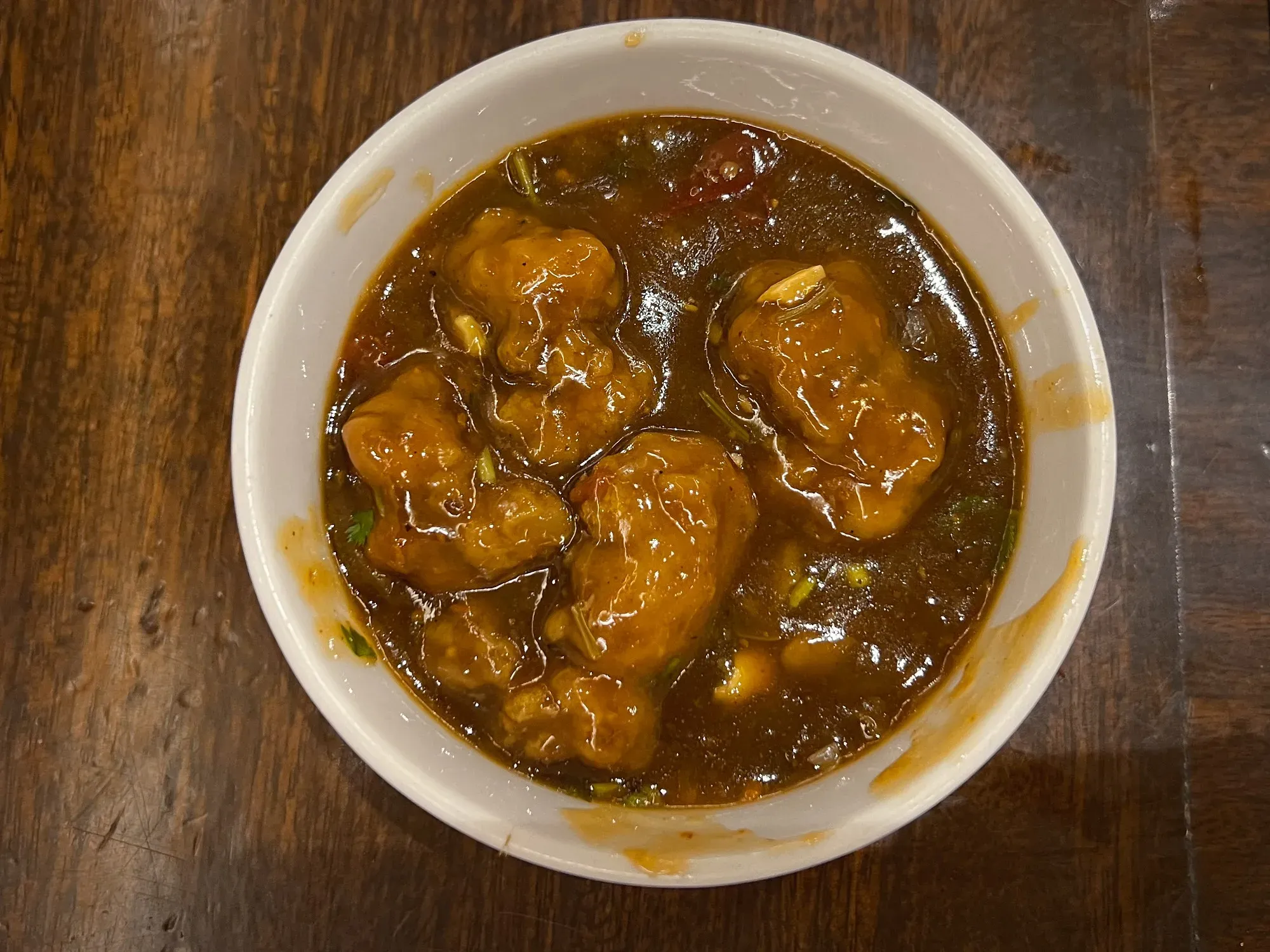 Bowl of Gobi Manchurian, close up overhead shot.