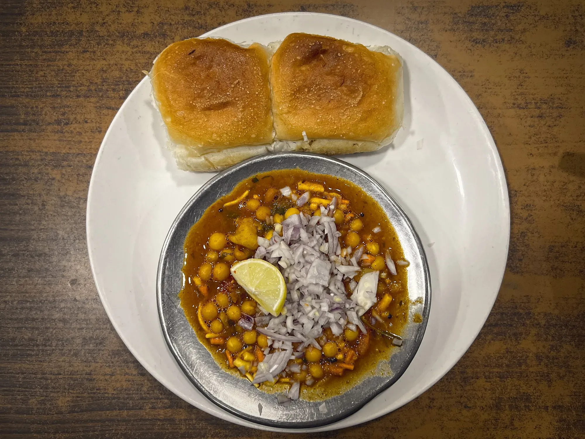 Misal Pav on a plate, overhead shot.