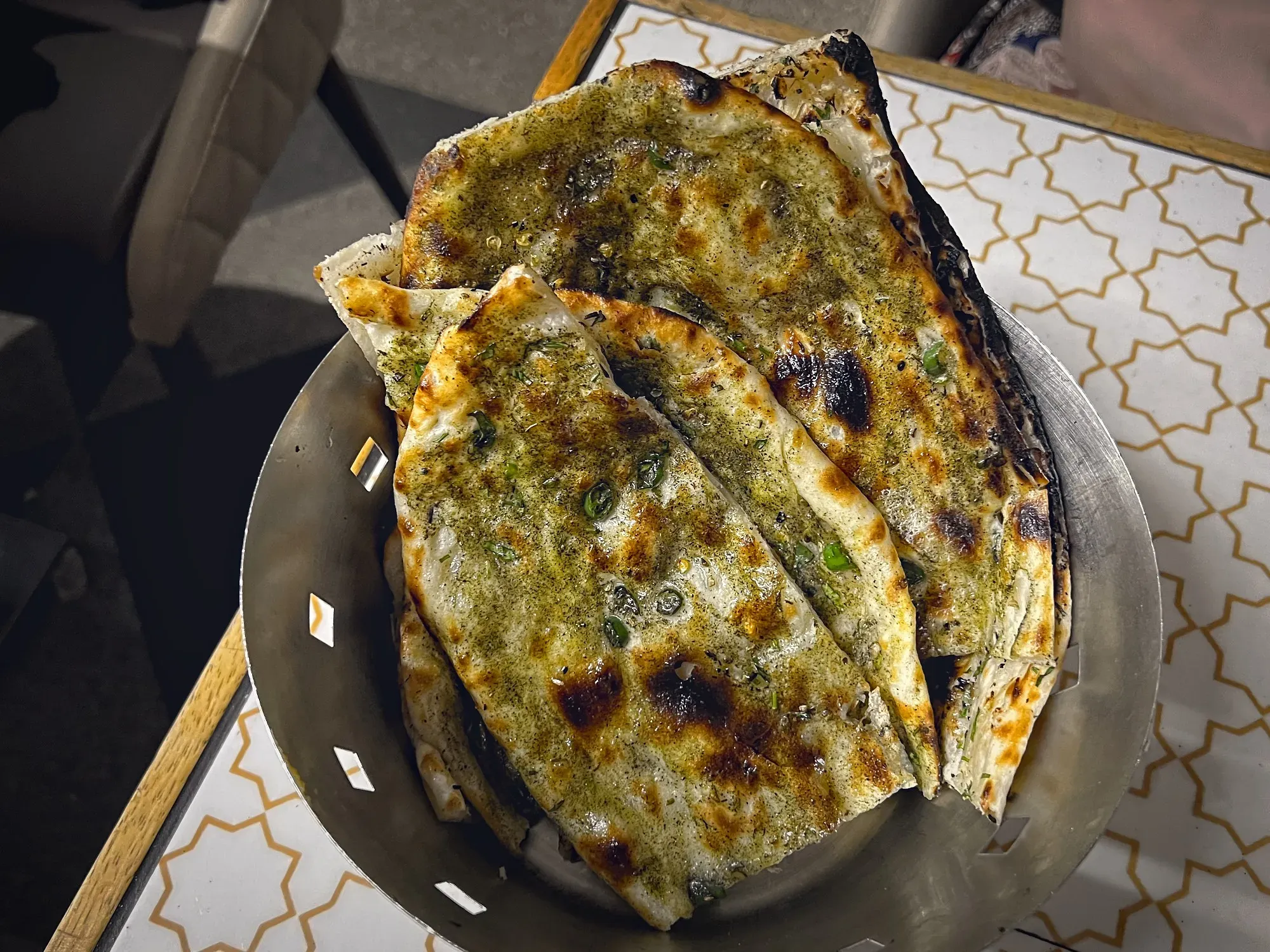 Bowl of Naan, overhead shot.