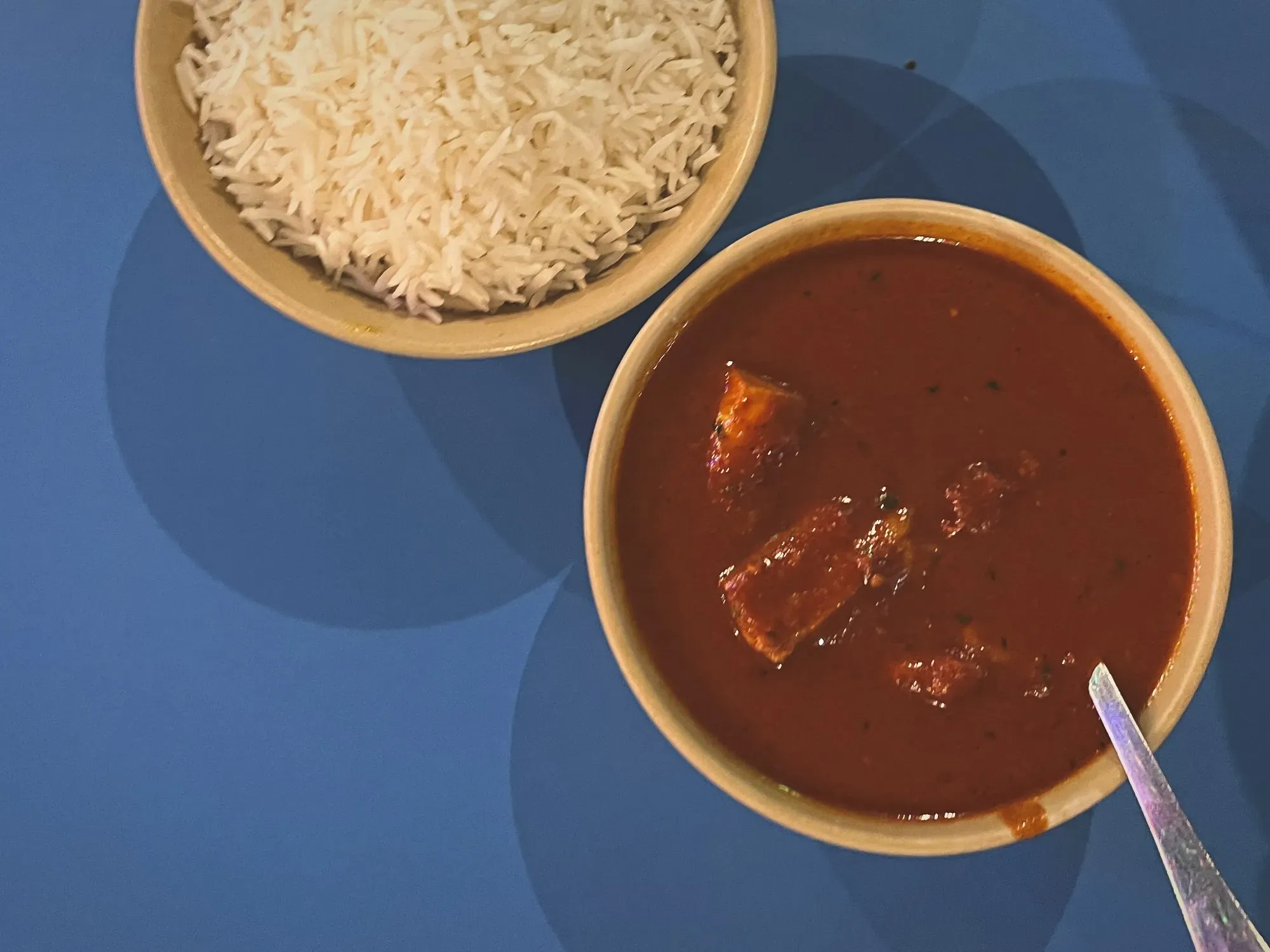 Bowl of Vindaloo and a side bowl of rice, overhead shot.