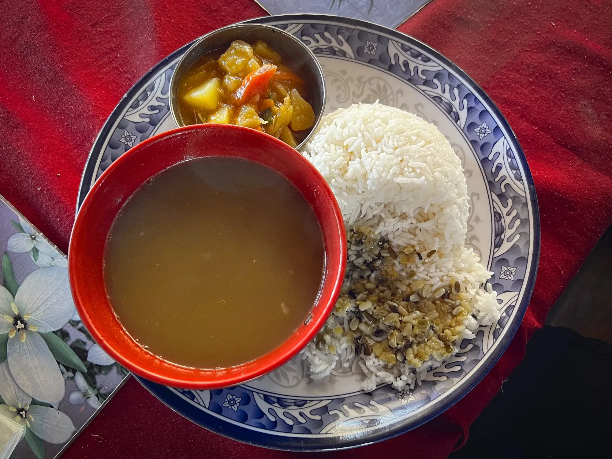 Overhead shot of Dhal Bhat on a plate.