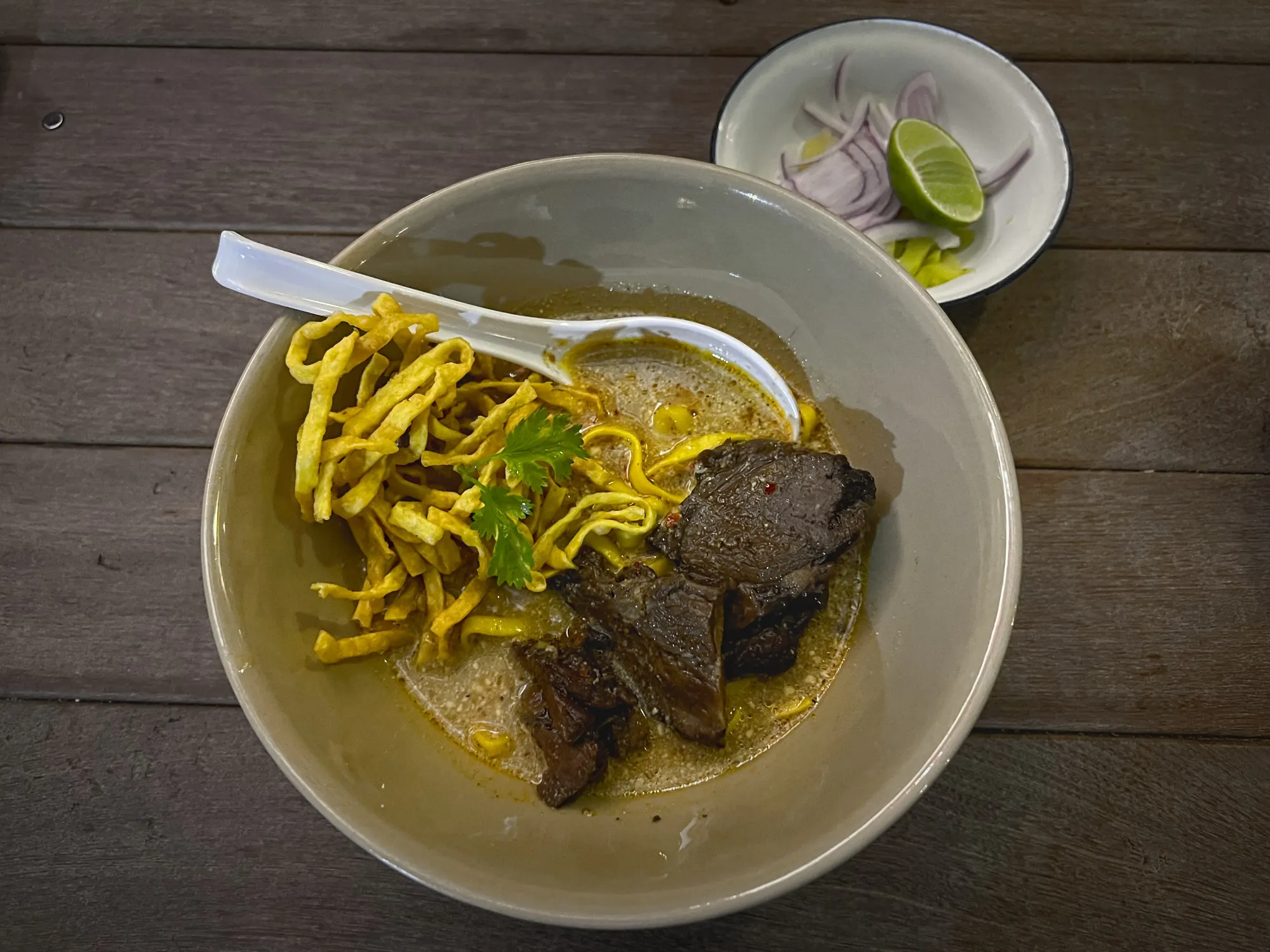 Bowl of Khao Soi, overhead shot.