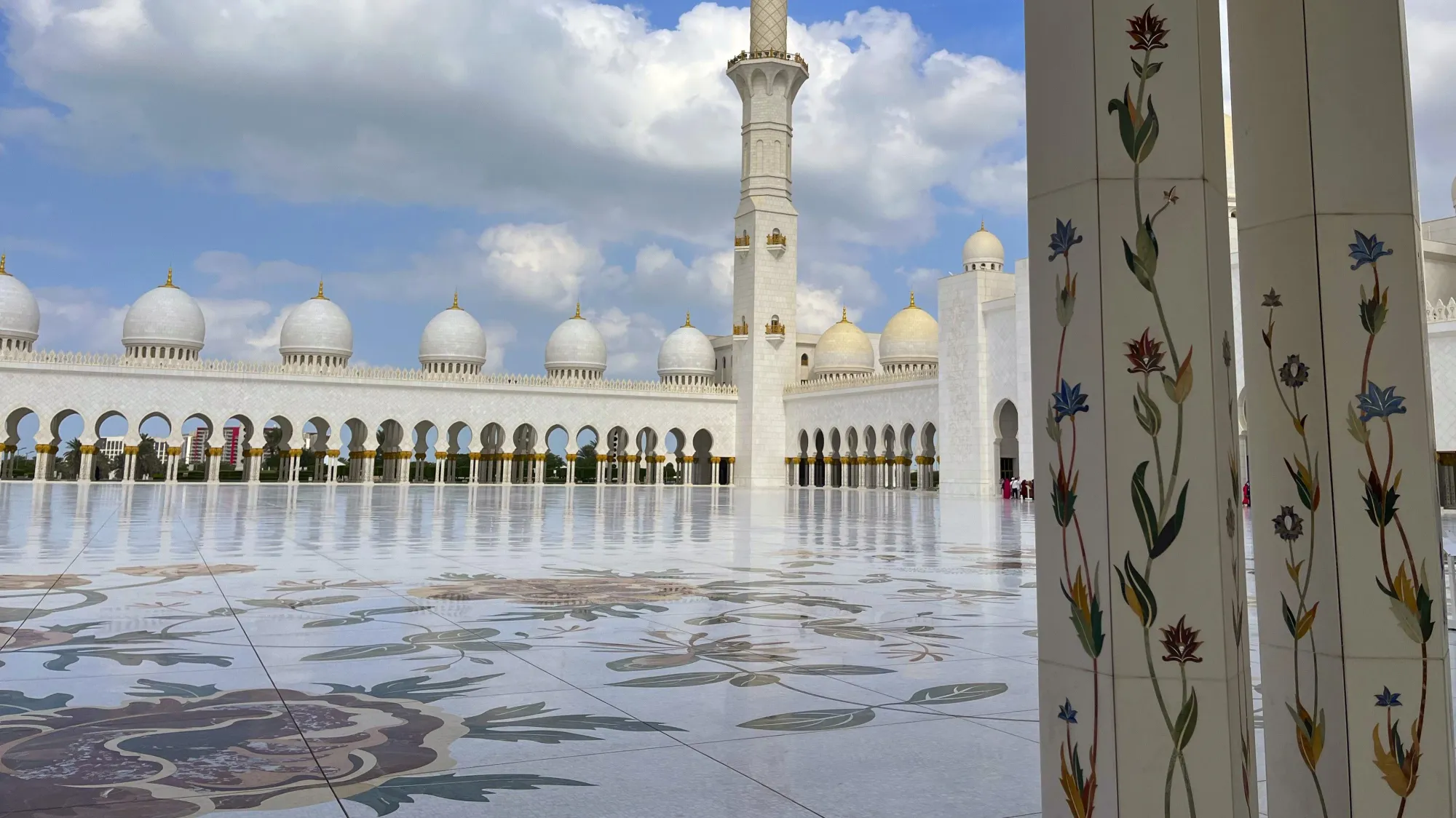 Marble columns and flooring at the mosque inlaid with semiprecious gemstone flowers