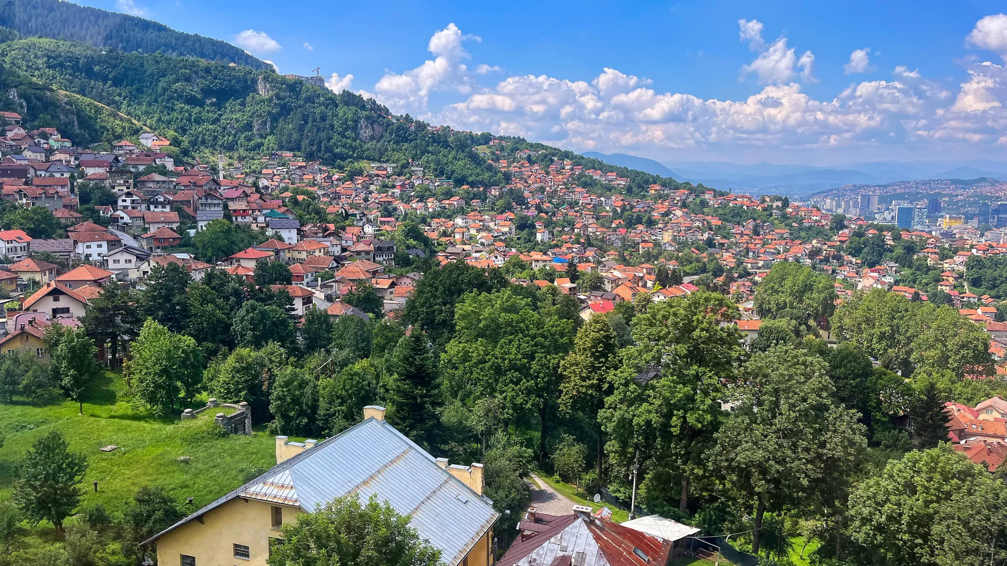 Red roofed homes nestled into the hillside interspersed with trees