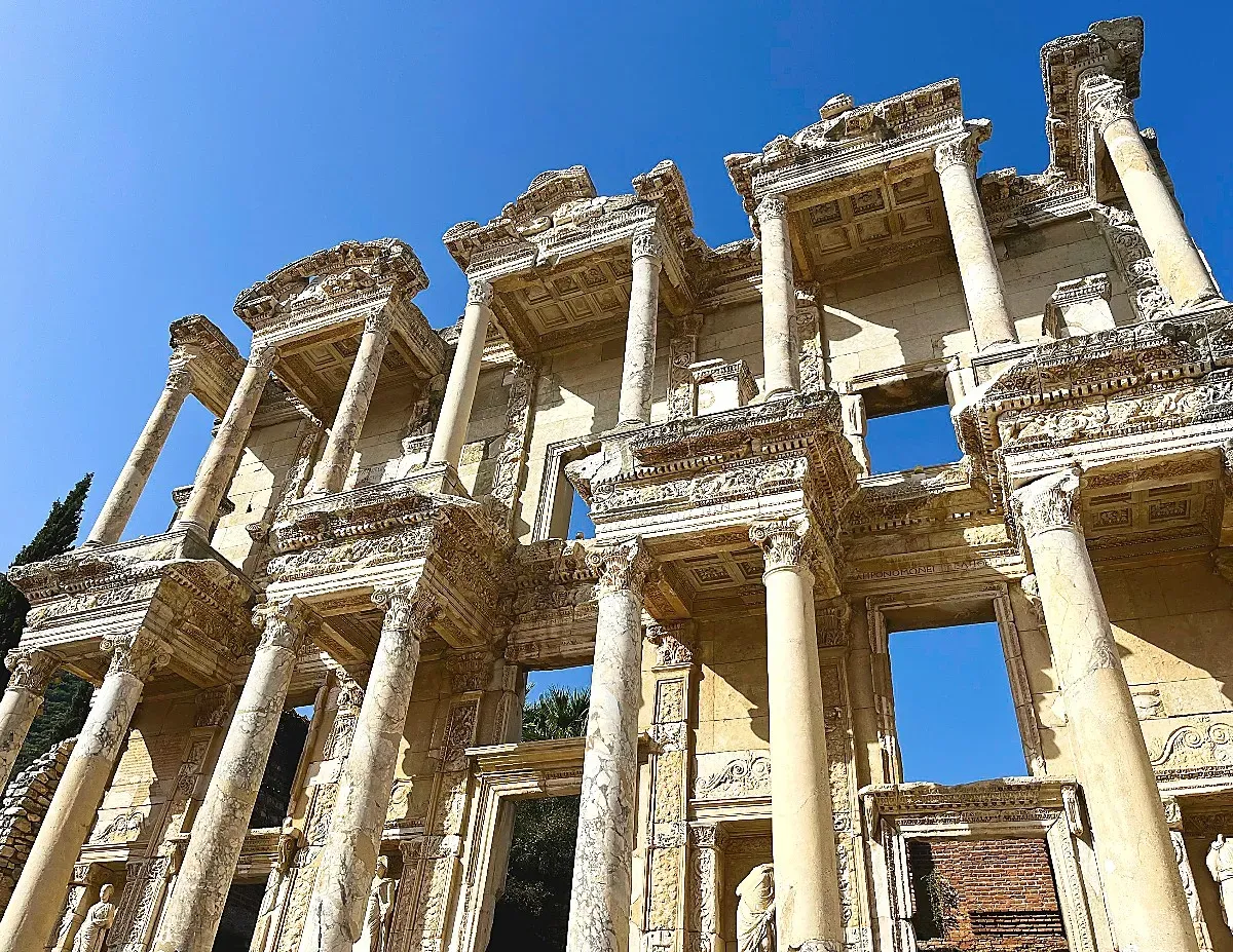 Two story columned facade of an ancient library