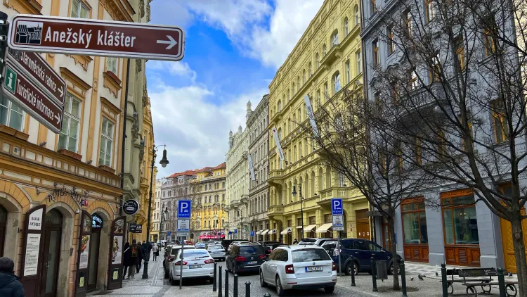 Pastel colored street with Czech street signs
