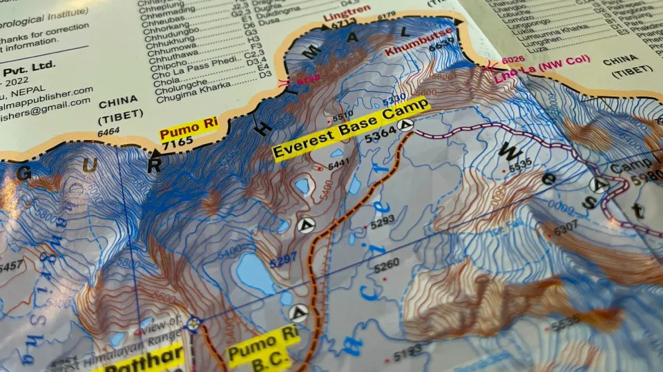 Close up of Sagarmatha National Park map focusing on Everest Base Camp