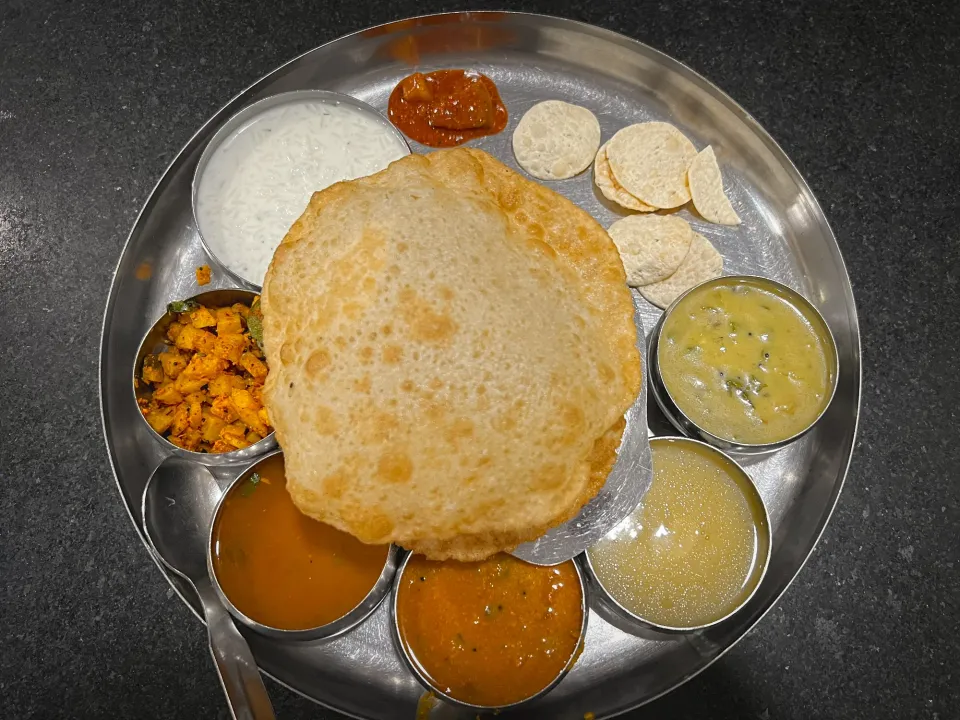 South Indian Thali lunch, overhead shot.
